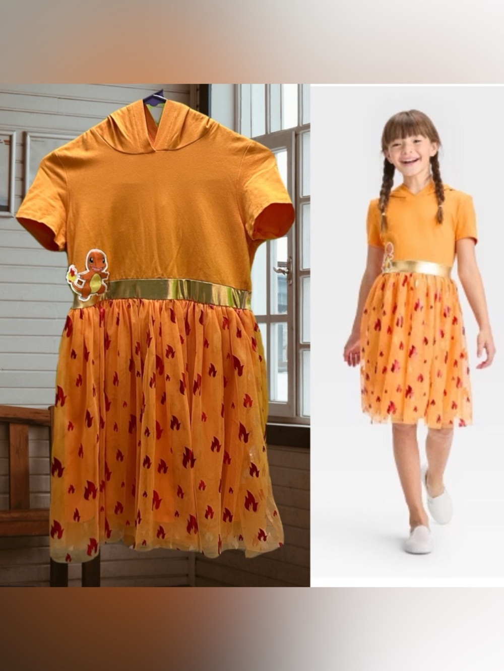 Pokémon Girls  Orange Flame Tulle Dress with Gold Belt XL (14)